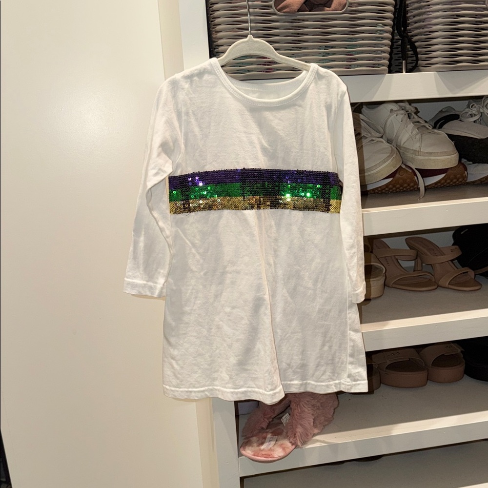 Girls White Long-Sleeve Dress with Mardi Gras Sequin Stripe